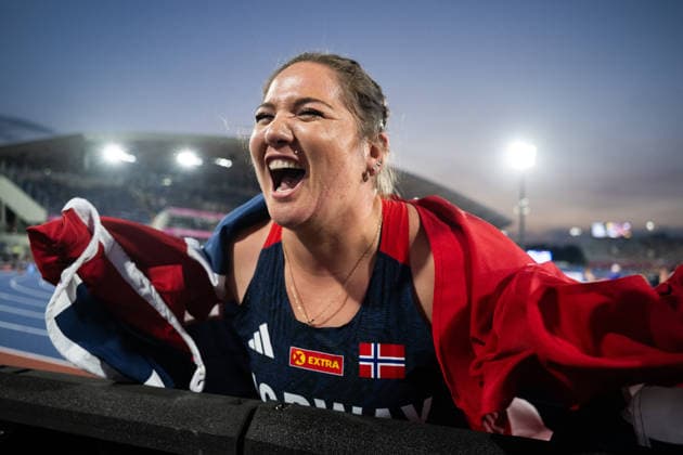 August 12, 2026: Beatrice Nedberge Llano of Norway celebrates after winning the bronze medal in the women’s hammer throw on Day 3 of the 2026 European Athletics Championships on August 12, 2026 in Birmingham. Photo by Mathias Bergeld. BILDBYRAN code MB MT1066. track and field, athletics, friidrett, friidrotts EM, 2026 European Athletics Championships, 3, celebration, jubilation  Copyright: MATHIASxBERGELD BB260812MB126