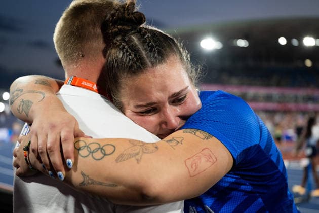 August 12, 2026: Silja Kosonen of Finland celebrates after winning the women’s hammer throw final on Day 3 of the 2026 European Athletics Championships in Birmingham. 2026 in Birmingham. Photo by Mathias Bergeld, BILDBYRAN, code MB MT1066. track and field, athletics, friidrett, friidrotts EM, 2026 European Athletics Championships, 3, celebration, jubilation Copyright: MATHIASxBERGELD BB260812MB128