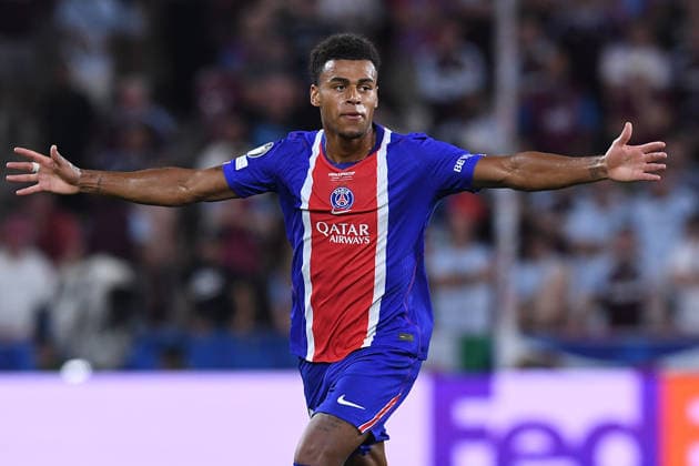 Soccer: UEFA Super Cup, Paris Saint-Germain vs. Aston Villa on August 12, 2026, at Salzburg Stadium in Salzburg. Celebration of the 2-1 goal by Desire Doue of Paris. xRx