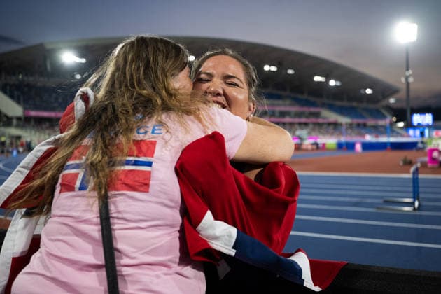 August 12, 2026: Beatrice Nedberge Llano of Norway celebrates after winning the bronze medal in the women’s hammer throw on Day 3 of the 2026 European Athletics Championships on August 12, 2026 in Birmingham. Photo by Mathias Bergeld. BILDBYRAN code MB MT1066. track and field, athletics, friidrett, friidrotts EM, 2026 European Athletics Championships, 3, celebration, jubilation  Copyright: MATHIASxBERGELD BB260812MB137