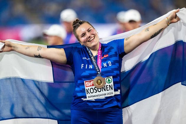 August 12, 2026: Silja Kosonen of Finland celebrates after winning the women’s hammer throw final on Day 3 of the 2026 European Athletics Championships in Birmingham. 2026 in Birmingham. Photo by Mathias Bergeld, BILDBYRAN, code MB MT1066. track and field, athletics, friidrett, friidrotts EM, 2026 European Athletics Championships, 3, celebration, jubilation Copyright: MATHIASxBERGELD BB260812MB138