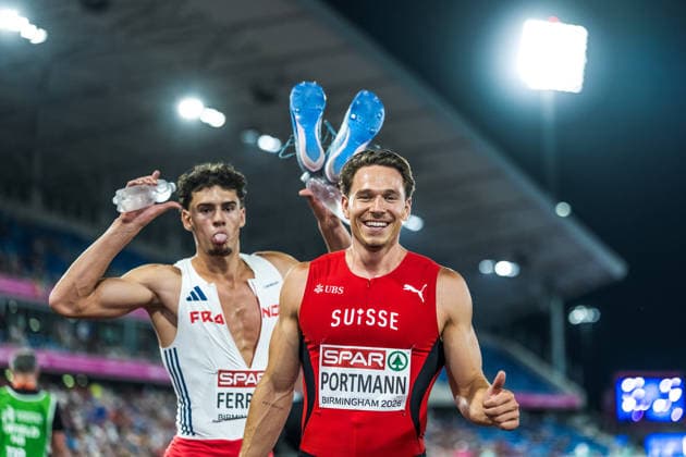European Athletics Championships, Birmingham, August 12, 2026 BIRMINGHAM, UNITED KINGDOM AUGUST 12 Nino Portmann of Switzerland and Antoine Ferranti of France pose after the 400-meter race in the men s decathlon on August 12, 2026, in Birmingham, United Kingdom Copyright: xBEAUTIFULxSPORTS UlfxSchillerx