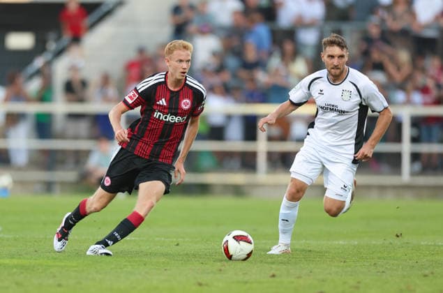 August 12, 2026, Soccer friendly match, FSV Frankfurt vs. Eintracht Frankfurt, from left: Amar Suljic (FSV Frankfurt), Hugo Larsson (Eintracht Frankfurt). DFL and DFB regulations prohibit any use of photographs as image sequences and or quasi-video. xdcx Copyright: HMBxMedia Claus