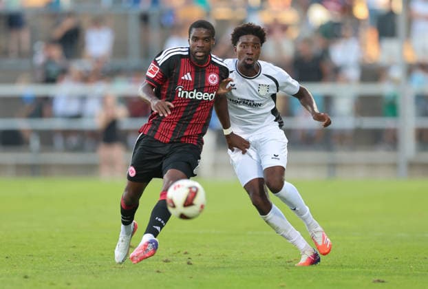 August 12, 2026, Soccer friendly match, FSV Frankfurt vs. Eintracht Frankfurt, from left: Niels Nkounkou (Eintracht Frankfurt), Uche Obiogumu (FSV Frankfurt). DFL and DFB regulations prohibit any use of photographs as image sequences and or quasi-video. xdcx Copyright: HMBxMedia Claus