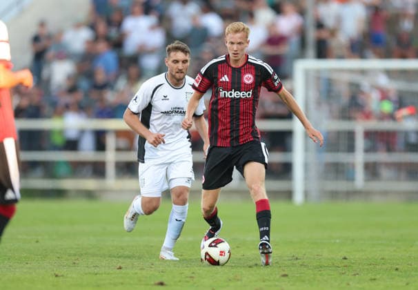 August 12, 2026, Soccer friendly match, FSV Frankfurt vs. Eintracht Frankfurt, from left: Amar Suljic (FSV Frankfurt), Hugo Larsson (Eintracht Frankfurt). DFL and DFB regulations prohibit any use of photographs as image sequences and or quasi-video. xdcx Copyright: HMBxMedia Claus