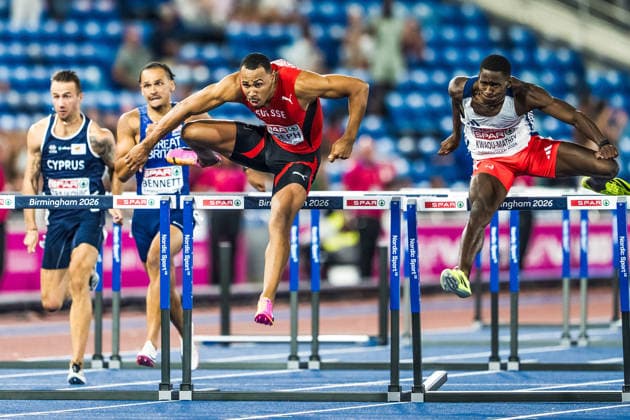 European Athletics Championships, Birmingham, August 12, 2026 BIRMINGHAM, UNITED KINGDOM AUGUST 12 Jason Joseph of Switzerland and Just Kwaou Mathey of France clear the final hurdle in the men’s 110-meter hurdles final at the European Athletics Championships on August 12, 2026, in Birmingham, United Kingdom Copyright: xBEAUTIFULxSPORTS UlfxSchillerx