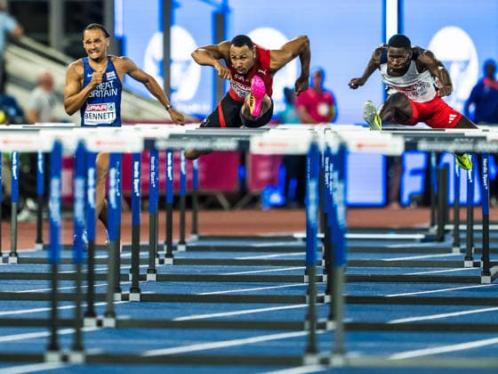 European Athletics Championships, Birmingham, August 12, 2026 BIRMINGHAM, UNITED KINGDOM AUGUST 12 Samuel Bennett (GBR, Great Britain), Jason Joseph (Switzerland), and Just Kwaou Mathey (FRA, France) compete in the men’s 110-meter hurdles final on August 12, 2026, in Birmingham, United Kingdom Copyright: xBEAUTIFULxSPORTS UlfxSchillerx