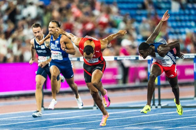 European Athletics Championships, Birmingham, August 12, 2026 BIRMINGHAM, UNITED KINGDOM, AUGUST 12—Jason Joseph of Switzerland and Just Kwaou Mathey of France at the finish line of the men’s 110-meter hurdles on August 12, 2026, in Birmingham, United Kingdom Copyright: xBEAUTIFULxSPORTS UlfxSchillerx
