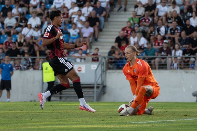 August 12, 2026, xhfmx, Soccer Friendly Match, FSV Frankfurt vs. Eintracht Frankfurt: Fares Chaïbi (Eintracht Frankfurt), 8, is stopped by Lucas Becker (FSV Frankfurt), 1. DFL and DFB regulations prohibit any use of photographs as image sequences and or quasi-video. Frankfurt am Main