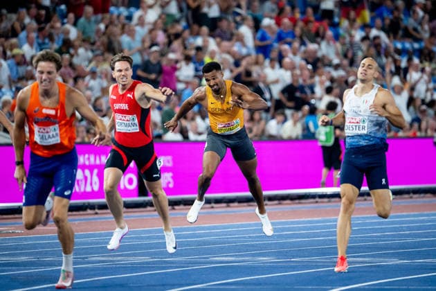 August 12, 2026, GBR, Track and Field, 2026 European Championships, Evening Session, Day 3, Birmingham: Leo Neugebauer (Germany) crosses the finish line, ahead of Jeff Tesselaar (Netherlands) and Nino Portmann (Switzerland), Men’s Decathlon, 400-meter dash, Alexander Stadium, Birmingham, England, Great Britain Copyright: xNordphoto Memmlerx
