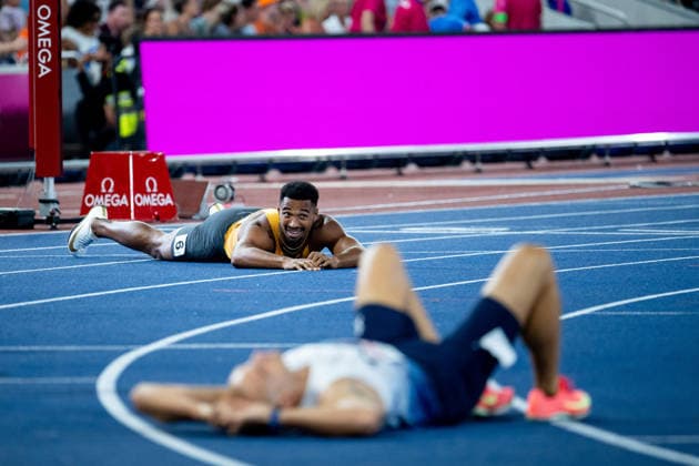 August 12, 2026, GBR, Track and Field, 2026 European Championships, Evening Session, Day 3, Birmingham Leo Neugebauer, Germany, at the finish line, Men s Decathlon, 400-meter dash, Birmingham Alexander Stadium, England, United Kingdom Copyright: xNordphoto Memmlerx