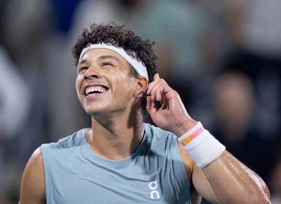 August 12, 2026, Montreal, Pq, Canada: Ben Shelton of the United States celebrates his win over compatriot Learner Tien during semifinal tennis action at the National Bank Open in Montreal on Wednesday, Aug. 12, 2026. Canada News - August 12, 2026  - ZUMAc35_ 20260812_zaf_c35_095 Copyright: xChristinnexMuschix