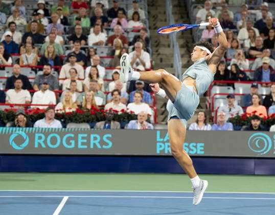 August 12, 2026, Montreal, Pq, Canada: Ben Shelton of the United States folllows through on a shot during his match against compatriot Learner Tien during semifinal tennis action at the National Bank Open in Montreal on Wednesday, Aug. 12, 2026. Canada News - August 12, 2026  - ZUMAc35_ 20260812_zaf_c35_103 Copyright: xChristinnexMuschix