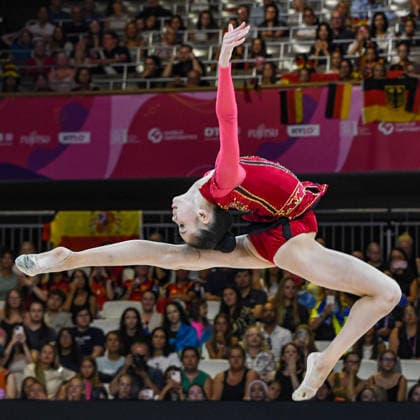 August 12, 2026, Frankfurt, Hesse, Germany: Kazakhstani gymnast AKMARAL YEREKESHEVA competes in the 42nd Rhythmic gymnastics, Rhythmische Sportgymnastik, RSG World Championships qualifiers in the Festhalle in Frankfurt, Hesse, Germany on Wednesday, August 12, 2026. 2026 Rhythmic Gymnastics World Championships Qualifying - ZUMAd168 20260812_zsp_d168_056 Copyright: xKaixDambachx