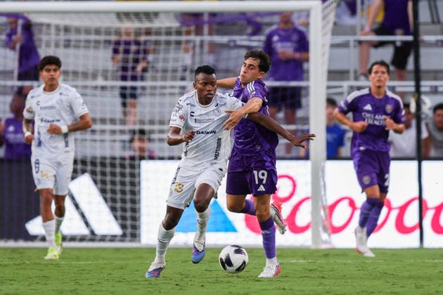 August 12, 2026, Orlando, Florida, USA: Orlando City SC defender ZAKARIA TAIFI (19) and Atlo tico San Luis midfielder JOHAN CAICEDO (13) battles for the ball during a leagues cup match. Orlando City SC hosted Athletico San Luis in a Leagues Cup match at Inter.Co Stadium in Orlando, FL. Orlando USA - ZUMAm299 20260812_znp_m299_033 Copyright: xTaylorxMcFeex