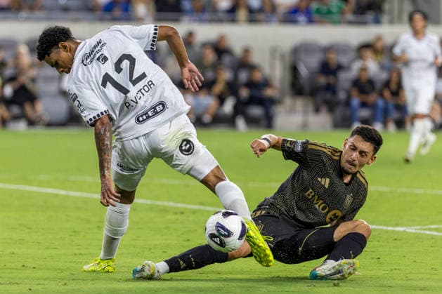 August 12, 2026, Los Angeles, California, USA: Club Quero taro defender Paulo Victor (12) and Los Angeles FC midfielder Marco Antonio Delgado (8) vie for the ball during a Leagues Club soccer match on Wednesday, Aug. 12, 2026 in Los Angeles. Leagues Club 2026: LAFC 5: 4 Club Quero Taro  - ZUMAc68_ 20260812_zaf_c68_032 Copyright: xRingoxChiux