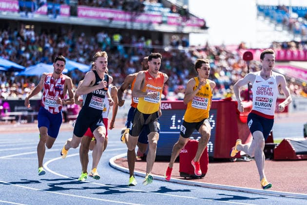 European Athletics Championships, Birmingham, August 12, 2026 BIRMINGHAM, UNITED KINGDOM AUGUST 12 Max Burgin GBR Great Britain, Alexander Stepanov GER Germany, David Barroso (ESP) Spain, Tobias Gronstad (NOR) Norway, and Marino Bloudek (CRO) Croatia compete in the semifinals of the men’s 800 m on August 12, 2026, in Birmingham, United Kingdom Copyright: xBEAUTIFULxSPORTS UlfxSchillerx