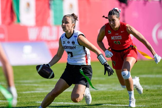 Kyra Fischer of Germany runs with the ball during the group stage match of the 2026 IFAF Women’s Flag Football World Championships between Mexico and Germany at the Flag Football Complex Düsseldorf-Garath on August 13, 2026, in Düsseldorf, Germany. Photo by Alex Gottschalk, DeFodi Images