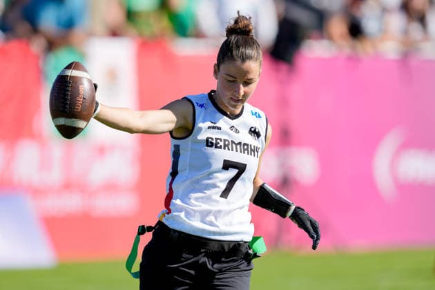 Kyra Fischer of Germany runs with the ball during the group stage match of the 2026 IFAF Women’s Flag Football World Championships between Mexico and Germany at the Flag Football Complex Düsseldorf-Garath on August 13, 2026, in Düsseldorf, Germany. Photo by Alex Gottschalk, DeFodi Images