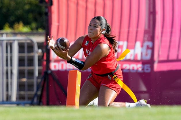 Ximena Cuate Cuate Romero of Mexico in action during the group stage match of the 2026 IFAF Women’s Flag Football World Championships between Mexico and Germany at the Flag Football Complex Düsseldorf-Garath on August 13, 2026, in Düsseldorf, Germany. Photo by Alex Gottschalk, DeFodi Images