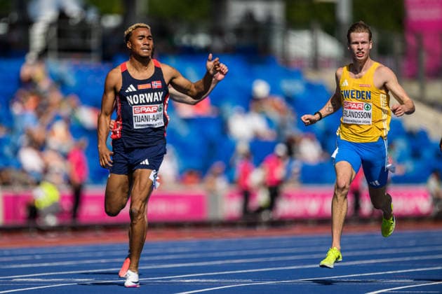 August 13, 2026: Kenny Emi Tijani Ajayi of Norway and Erik Erlandsson of Sweden compete in the men’s 200-meter qualifying round during Day 4 of the 2026 European Athletics Championships on August 13, 2026 in Birmingham. Photo by Maxim Thore. BILDBYRAN code MT MT1068 track and field athletics friidrett friidrotts em em friidretts em 2026 European Athletics Championships 4 BBENG Sweden Sverige  Copyright: MAXIMxTHORE BB260813MT007
