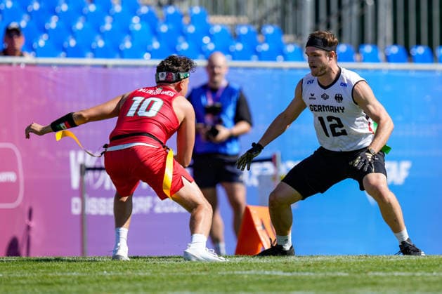 Victor Emmanuel Balderramos Sanchez of Mexico and Moritz Apfel of Germany battle for the ball during the Men’s 2026 IFAF Flag Football World Championships group stage match between Mexico and Germany at the Flag Football Complex in Düsseldorf-Garath on August 13, 2026, in Düsseldorf, Germany. Photo by Alex Gottschalk, DeFodi Images