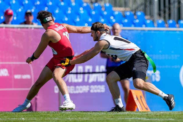 Victor Emmanuel Balderramos Sanchez of Mexico and Moritz Apfel of Germany battle for the ball during the Men’s 2026 IFAF Flag Football World Championships group stage match between Mexico and Germany at the Flag Football Complex in Düsseldorf-Garath on August 13, 2026, in Düsseldorf, Germany. Photo by Alex Gottschalk, DeFodi Images