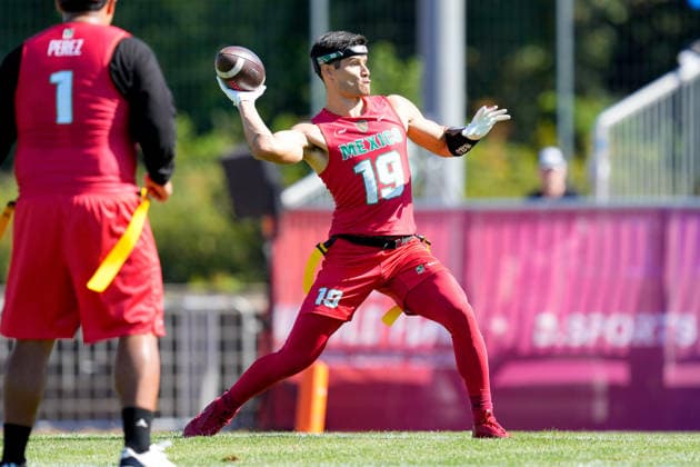 Guillermo Alberto Villalobos Zanabria of Mexico in action during the group stage match of the 2026 IFAF Men’s Flag Football World Championships between Mexico and Germany at the Flag Football Complex in Düsseldorf-Garath on August 13, 2026, in Düsseldorf, Germany. Photo by Alex Gottschalk, DeFodi Images