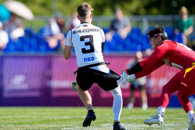 Moritz Kulenovic of Germany and Javier Alberto Vivian Quintero of Mexico battle for the ball during the group stage match of the 2026 IFAF Men’s Flag Football World Championships between Mexico and Germany at the Flag Football Complex in Düsseldorf-Garath on August 13, 2026 in Düsseldorf, Germany. Photo by Alex Gottschalk, DeFodi Images