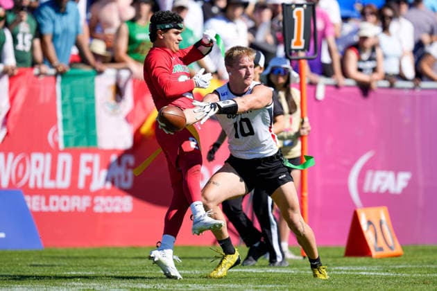 Javier Alberto Vivian Quintero of Mexico and Ben Frohlich of Germany battle for the ball during the Men’s 2026 IFAF Flag Football World Championships group stage match between Mexico and Germany at the Flag Football Complex in Düsseldorf-Garath on August 13, 2026 in Düsseldorf, Germany. Photo by Alex Gottschalk, DeFodi Images