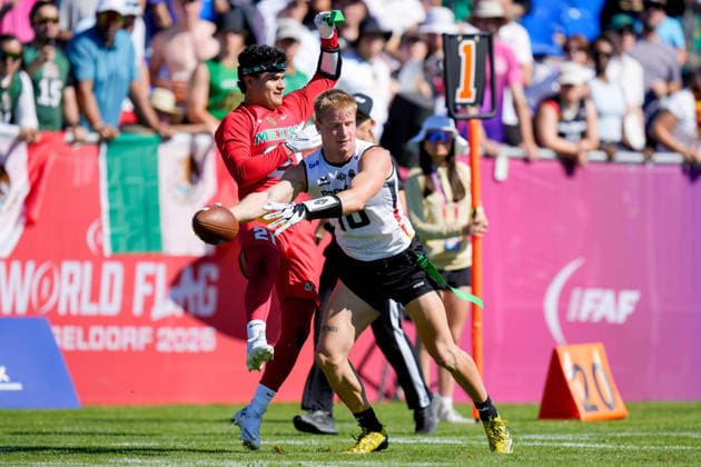 Javier Alberto Vivian Quintero of Mexico and Ben Frohlich of Germany battle for the ball during the Men’s 2026 IFAF Flag Football World Championships group stage match between Mexico and Germany at the Flag Football Complex in Düsseldorf-Garath on August 13, 2026 in Düsseldorf, Germany. Photo by Alex Gottschalk, DeFodi Images