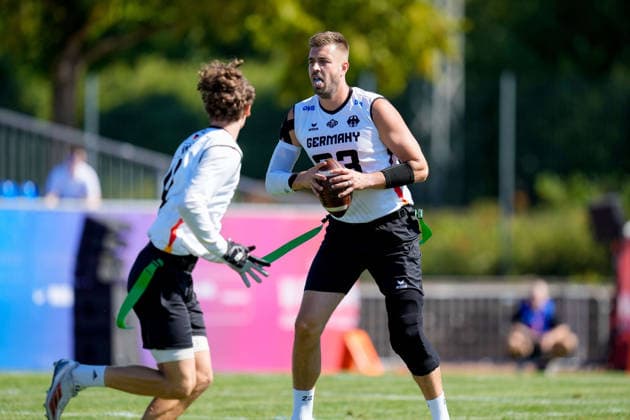Benjamin Alexander Sebastian Klever of Germany in action during the group stage match of the 2026 IFAF Men’s Flag Football World Championships between Mexico and Germany at the Flag Football Complex Düsseldorf-Garath on August 13, 2026, in Düsseldorf, Germany. Photo by Alex Gottschalk, DeFodi Images
