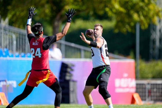 Benjamin Alexander Sebastian Klever of Germany in action during the group stage match of the 2026 IFAF Men’s Flag Football World Championships between Mexico and Germany at the Flag Football Complex Düsseldorf-Garath on August 13, 2026, in Düsseldorf, Germany. Photo by Alex Gottschalk, DeFodi Images