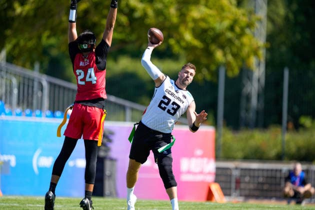 Benjamin Alexander Sebastian Klever of Germany in action during the group stage match of the 2026 IFAF Men’s Flag Football World Championships between Mexico and Germany at the Flag Football Complex Düsseldorf-Garath on August 13, 2026, in Düsseldorf, Germany. Photo by Alex Gottschalk, DeFodi Images