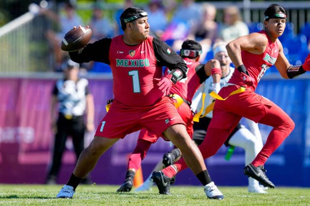 Diego Rodolfo Perez Arvizu of Mexico in action during the group stage match of the 2026 IFAF Men’s Flag Football World Championships between Mexico and Germany at the Flag Football Complex in Düsseldorf-Garath on August 13, 2026, in Düsseldorf, Germany. Photo by Alex Gottschalk, DeFodi Images