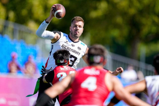 Benjamin Alexander Sebastian Klever of Germany in action during the group stage match of the 2026 IFAF Men’s Flag Football World Championships between Mexico and Germany at the Flag Football Complex Düsseldorf-Garath on August 13, 2026, in Düsseldorf, Germany. Photo by Alex Gottschalk, DeFodi Images