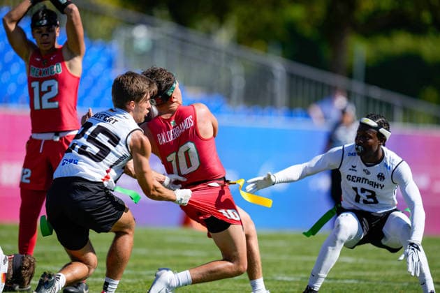 Ramon Emanuel Seifert of Germany, Victor Emmanuel Balderramos Sanchez of Mexico, and Junior Osarhunmen Nkembi Asel of Germany battle for the ball during the group stage match of the 2026 IFAF Men’s Flag Football World Championships between Mexico and Germany at the Flag Football Complex in Düsseldorf-Garath on August 13, 2026 in Düsseldorf, Germany. Photo by Alex Gottschalk, DeFodi Images