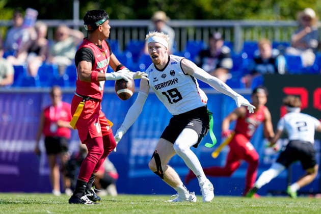 Victor Emmanuel Balderramos Sanchez of Mexico and Luca Samuel Bultmann of Germany battle for the ball during the Men’s 2026 IFAF Flag Football World Championships group stage match between Mexico and Germany at the Flag Football Complex in Düsseldorf-Garath on August 13, 2026 in Düsseldorf, Germany. Photo by Alex Gottschalk, DeFodi Images