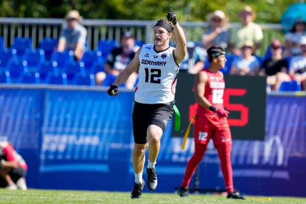 Moritz Apfel of Germany celebrates during the group stage match of the 2026 IFAF Men s Flag Football World Championships between Mexico and Germany at the Flag Football Complex Düsseldorf-Garath on August 13, 2026, in Düsseldorf, Germany. Photo by Alex Gottschalk, DeFodi Images