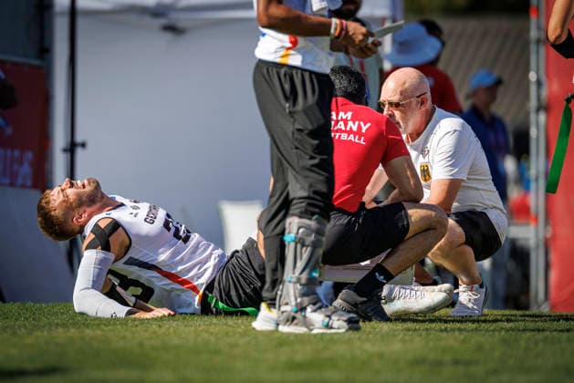 Mexico (MEX) vs. Germany (GER), Day 1 Men s Division at the IFAF Flag Football Championships Düsseldorf 2026, August 13, 2026, Düsseldorf, Germany. Benjamin Alexander Sebastian Klever (GER 23) is injured during the match between Mexico (MEX) and Germany (GER) on the first day of the Men’s IFAF Flag Football World Championships at the Bezirkssportanlage Düsseldorf Garath. Copyright: xBEAUTIFULxSPORTS B.Hoffmannx