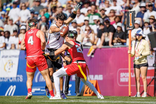 Mexico (MEX) vs. Germany (GER), Day 1 Men s Division at the IFAF Flag Football World Championships in Düsseldorf 2026, August 13, 2026, Düsseldorf, Germany, Aug. 13, 2026 Moritz Apfel (GER 12) and Ramon Emanuel Seifert (GER 25) during the match between Mexico (MEX) and Germany (GER) on the first day of the Men’s IFAF Flag Football World Championships at the Bezirkssportanlage Düsseldorf Garath Copyright: xBEAUTIFULxSPORTS B.Hoffmannx