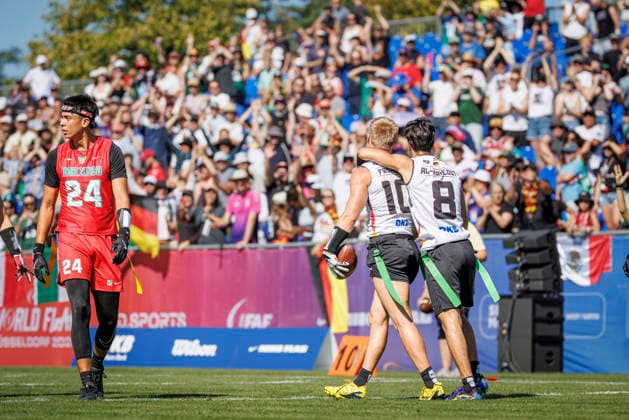 Mexico MEX vs. Germany GER, Day 1 Men s Division at the IFAF Flag Football Championships Düsseldorf 2026, August 13, 2026, Düsseldorf, Germany, Aug. 13, 2026 Ben Fröhlich (GER) 10 and Malik Al Kahlout (GER) 8 during the match between Mexico (MEX) and Germany (GER) on the first day of the Men’s IFAF Flag Football World Championships at the Bezirkssportanlage Düsseldorf Garath Copyright: xBEAUTIFULxSPORTS B.Hoffmannx