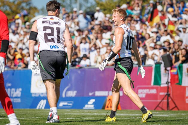 Mexico MEX vs. Germany GER, Day 1 Men s Division at the IFAF Flag Football Championships Düsseldorf 2026, August 13, 2026, Düsseldorf, Germany, Aug. 13, 2026 Ben Fröhlich (GER) 10 and Malik Al Kahlout (GER) 8 during the match between Mexico (MEX) and Germany (GER) on the first day of the Men’s IFAF Flag Football World Championships at the Bezirkssportanlage Düsseldorf Garath Copyright: xBEAUTIFULxSPORTS B.Hoffmannx