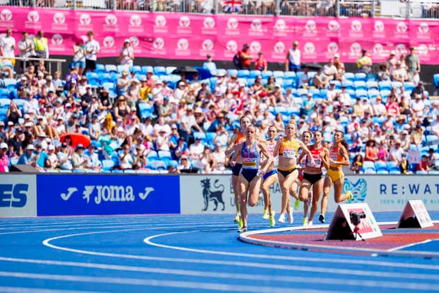 BIRMINGHAM, GREAT BRITAIN - AUGUST 13, 2026 : Smilla KOLBE (GER Germany), Femke BROEDERS-BOL (NED Netherlands) and Keely HODGKINSON (GBR Great Britain) competing in the 800m semifinals during the European Athletics Championships at Alexander Stadium on August 13, 2026 in Birmingham, Great Britain. Great Britain Copyright: xLeahxKohringx