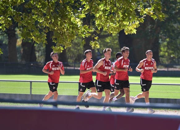 August 13, 2026, xophax, Soccer, Bundesliga 1, 1. FC Köln training at Geissbockheim: running drill, from left to right: Alessio Castro Montes, Jonathan Friemel, Marius Bulten, Julian Bülter, Said El Mala—all of 1. FC Köln—Kitzbühel