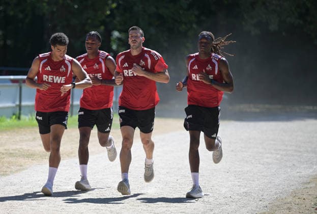 August 13, 2026, xophax, Soccer, Bundesliga 1, 1. FC Köln Training: Running Drill Around the Geissbockheim (From Left to Right): Jahmai Simpson Pusey, Reigan Huskey, Luka Lochoshvili, Elias Bakatukanda—all of 1. FC Köln—Kitzbühel