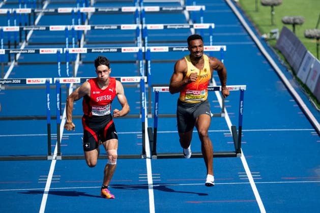 August 13, 2026, GBR, Track and Field, 2026 European Championships, Morning Session, Day 4, Birmingham: Leo Neugebauer (Germany), Leon Krummenacher (Switzerland), Men s Decathlon, 110-meter hurdles, Alexander Stadium, Birmingham, England, Great Britain Copyright: xNordphoto Memmlerx