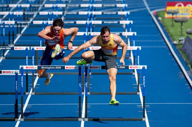 August 13, 2026, GBR, Track and Field, 2026 European Championships, Morning Session, Day 4, Birmingham: Niklas Kaul (Germany), Jeff Tesselaar (Netherlands), Men’s Decathlon, 110-meter hurdles, Alexander Stadium, Birmingham, England, Great Britain Copyright: xNordphoto Memmlerx