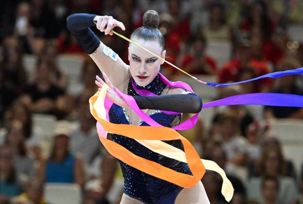August 13, 2026, xhbx, 2026 Rhythmic Gymnastics World Championships, from left: Darja Varfolomeev, Germany, ribbon routine. DFL and DFB regulations prohibit any use of photographs as image sequences and or quasi-video. Frankfurt am Main