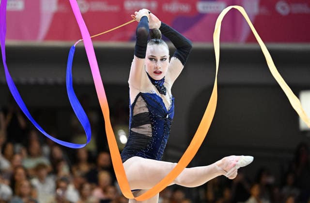 August 13, 2026, xhbx, 2026 Rhythmic Gymnastics World Championships, from left: Darja Varfolomeev, Germany, ribbon routine. DFL and DFB regulations prohibit any use of photographs as image sequences and or quasi-video. Frankfurt am Main